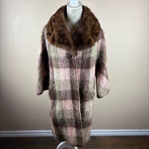 Vintage Lilli Ann Coat Plaid Mohair Mink Long Womans Pink Tan Tisse A Paris PM